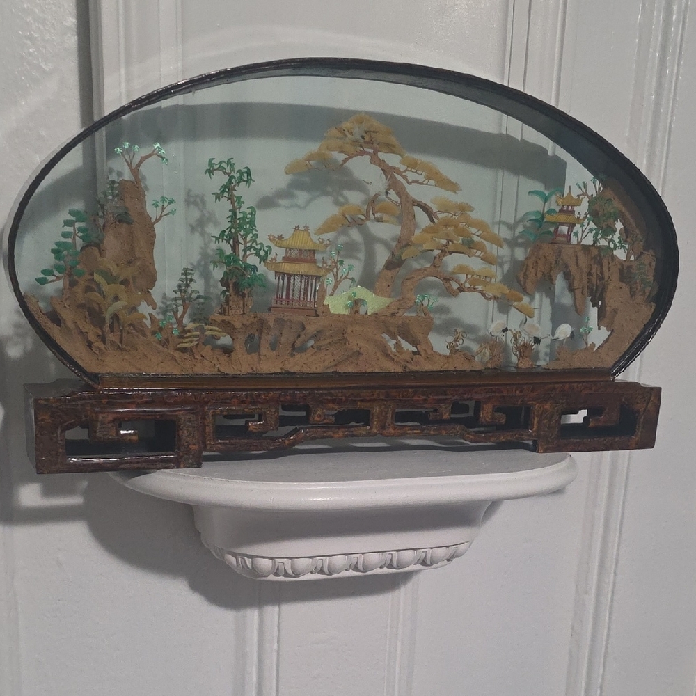 This is a vintage Chinese carved cork diorama in a glass and wood display case. 